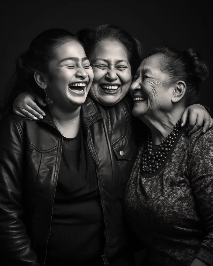 3 women laughing, no makeup photoshoot, natural beauty