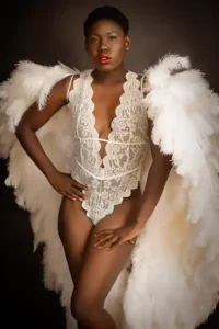high fashion photoshoot, boudoir, angel wings