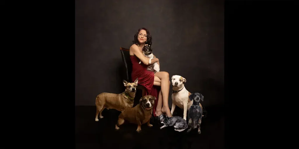 family portrait with 6 dogs